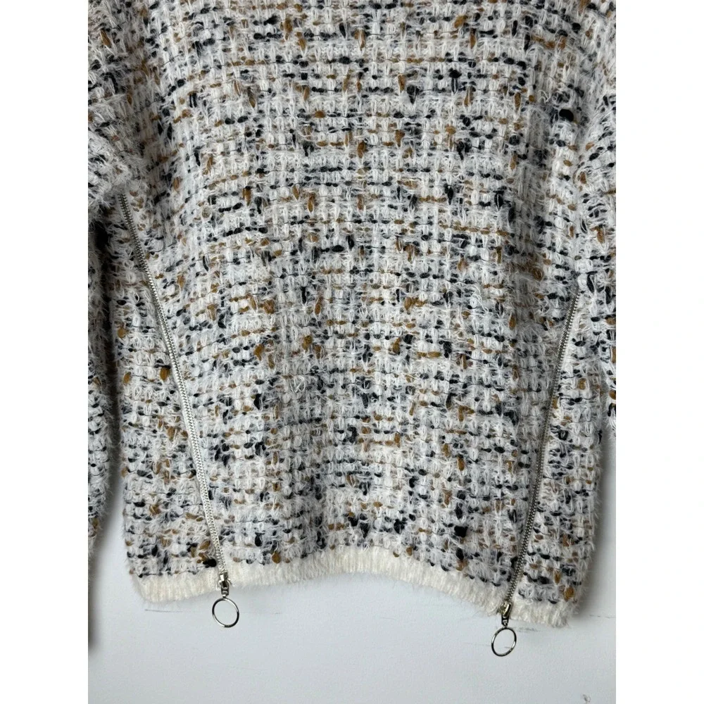 Bobeau Sweater Women XS Ivory Black Tweed‎ Knit Side Zip Crew Neck Pullover NWT